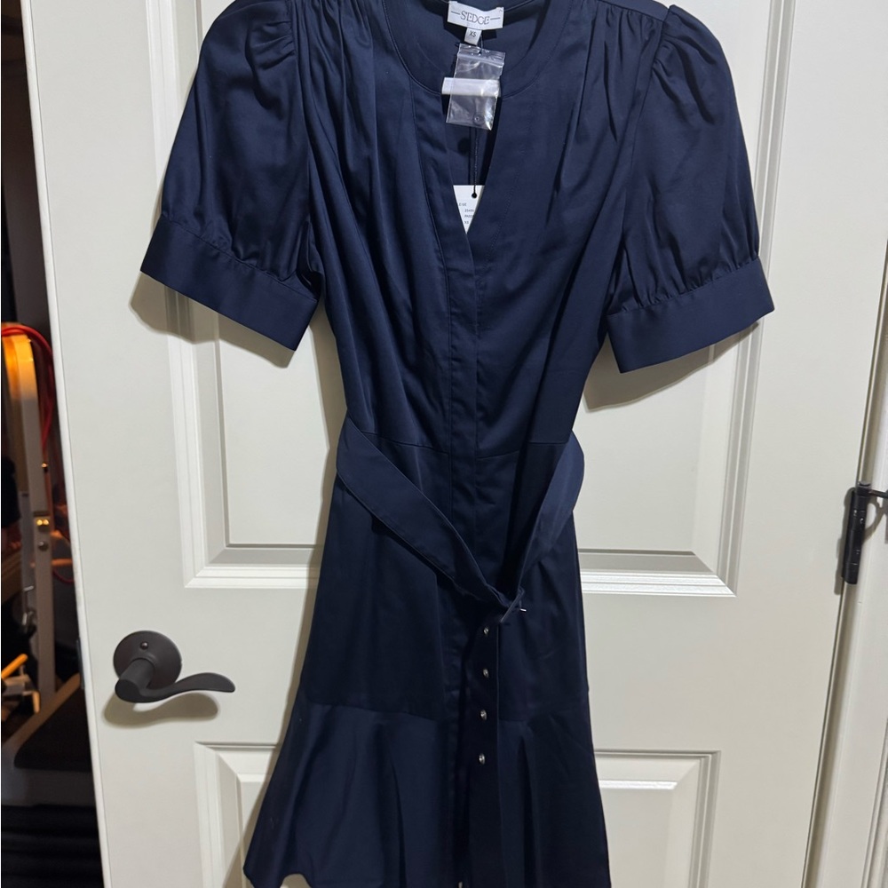 Sedge Navy Short-Sleeve Belted Midi Dress